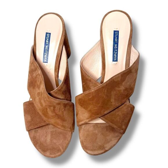 Stuart Weitzman Chestnut Brown Suede Galene Slip On Heeled Mules Women’s Size 9M - Picture 2 of 9